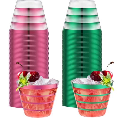 Gejoy 9 oz Happy New Year Rimmed Stripe Plastic Cups Bulk Disposable Wine Hard Plastic Drinking Cocktail Cups Tumblers for...
