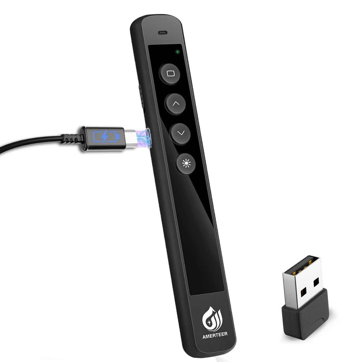 Amerteer Wireless Presenter Remote - Presentation Clicker With 2.4Ghz Rf Hyperlink & Volume Control, Built-In Rechargeable Batte
