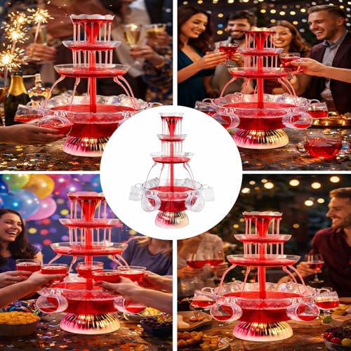 3-Tier Red Cocktail Fountain Drink Machine with LED Base and 5 Cups – Electric Drink Dispenser for Wine and Champagne at W...