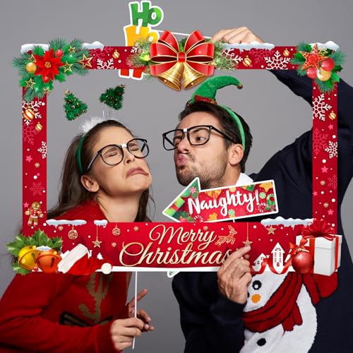 Christmas Photo Booth Props Kit, 24Pcs Fun Photo Props & Selfie Frame for Christmas Photos Decoration, Funny Santa & Ginge...