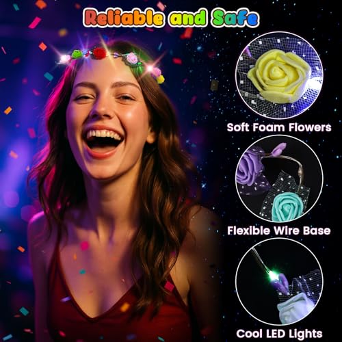 LovesTown 24PCS LED Flower Crowns Headbands Christmas Party, Light Up Flower Crowns For Women, Glow in the Dark Party Supp...