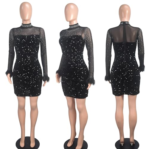 PORRCEY Women's Hot Drilling Craft Sexy Long Sleeve Mesh See Through Party Club Night Rhinestone Dress