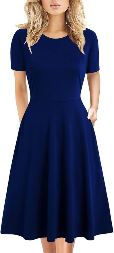 Women's Summer Dresses Elegant Short Sleeve Vintage Office Professional Business Casual Work A-Line Dress with Pockets DJ162