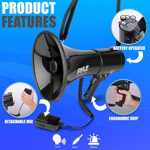 PYLE-PRO 50W Megaphone Speaker PA Bullhorn, Black Aux Input, Adjustable Volume, Siren, 35mm Aux Input, Ideal for Sports Ev...