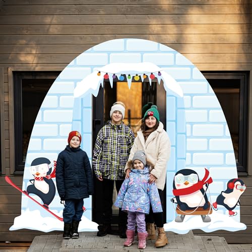 Winter Party Porch Banner Penguin Photo Booth Props for Parties Igloo Hanging Door Banner Backdrop with Winter Photograph ...