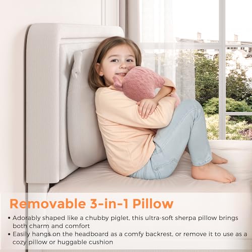 Twin Bed Frame with Boucle Upholstered Headboard, Girls Bed with 2 Drawers, Solid Wood Slats Support, No Box Spring Needed/Easy Assembly, White Twin Bed