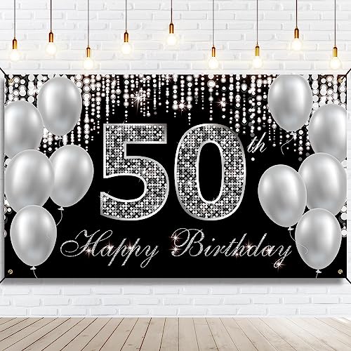HTDZZI 50th Birthday Banner Backdrop, Happy 50th Birthday Decorations for Women Men, Black Silver 50 Year Old Birthday Par...