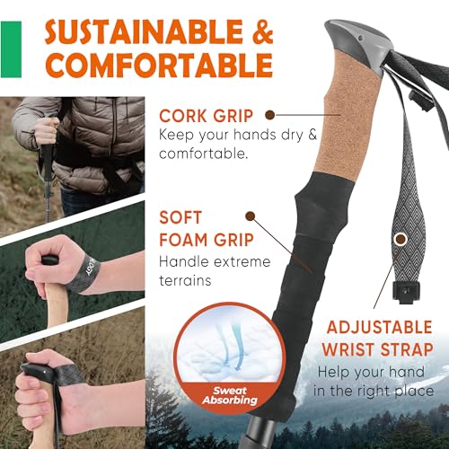TREKOLOGY Trek-Z Cork Grip Trekking Poles Bundle with 6 Rubber Tip Replacements – Lightweight Folding Hiking Poles, Adjust...