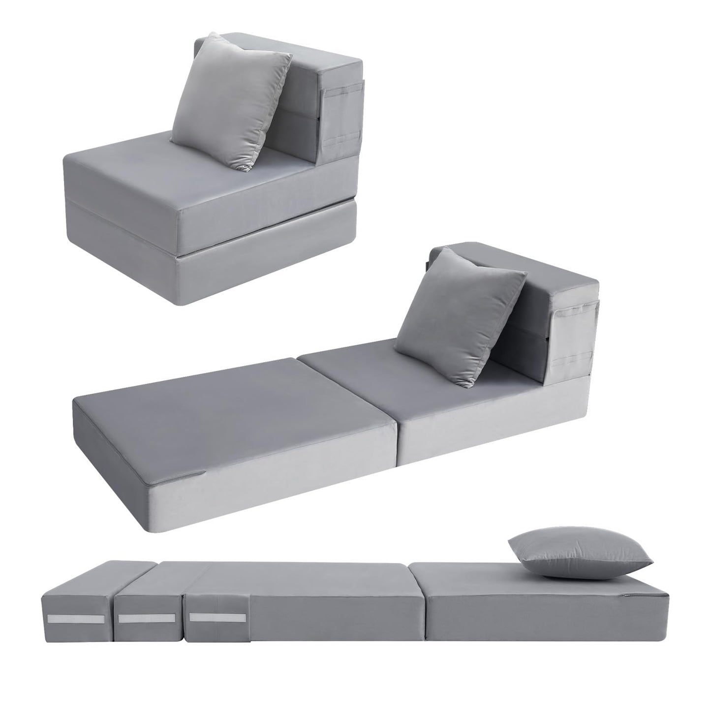 MeMoreCool Foldable Futon Chair Bed Sleeper for Adults, Single Folding Mattress 6 Inch, Fold Out Couch Bed with Pillow, Convertible Foam Floor Sofa Sleeping Tri Fold Mattress Chair (Grey)