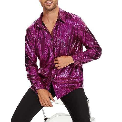 Zando Mens Disco Shirt Outfit Retro 70s Shirts for Men Sequin Glitter Long Sleeve Button Down Disco Outfits Party Costume