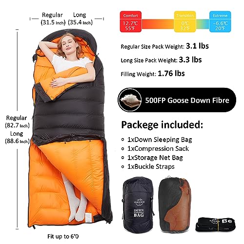 OMVMO 0-20 Degrees F Down Sleeping Bag for Adults - 4 Season Envelope With Arm Holes, Wearable for Backpacking Camping - U...