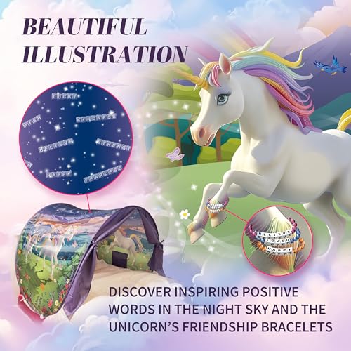 Dream Tents Unicorn Themed Toddlers Canopy Tent for Bed | Magical Glow-in-The-Dark Elements & Friendship Affirmations | Co...