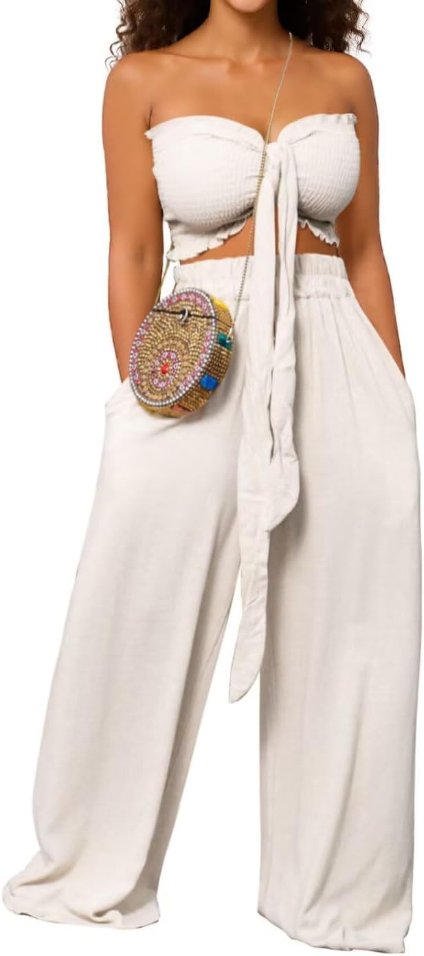 WXN Womens Two Piece Outfits Tie Front Bandeau Crop Top and Wide Leg Pants Set Vacation Summer Outfits with Pockets