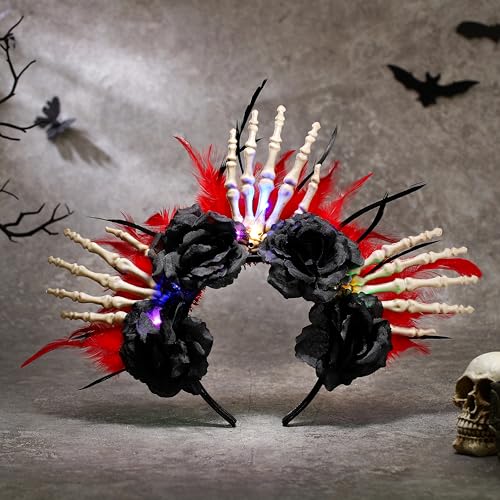 TWINKLEDE Light Up Halloween Headband Black Rose Hair Accessories Feather Skeleton Hand Halo Crown for Women