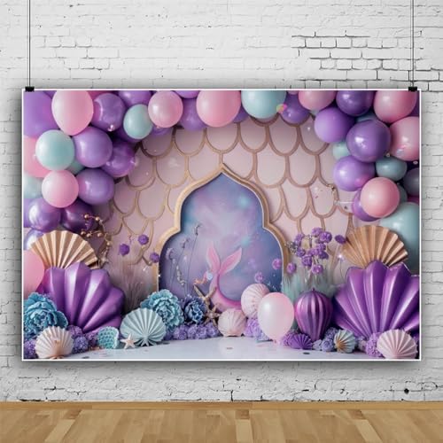 ChloropLastid 7x5ft Ocean Mermaid Backdrop Purple Balloons Sea Shell Starfish Princess Girls Birthday Party Decorations Gi...