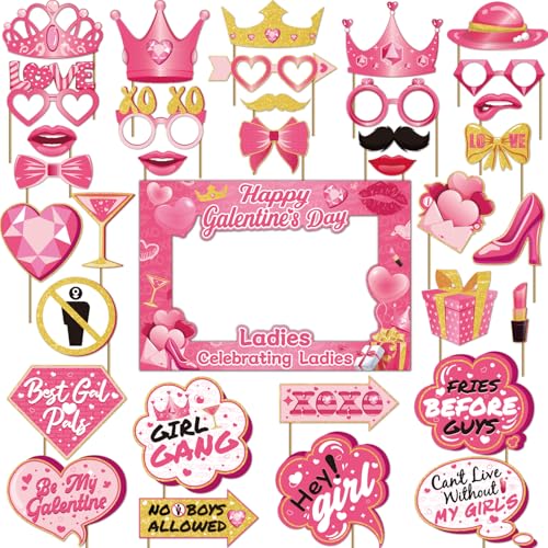 35 Pcs Galentines Photo Booth Props with Photo Frame, Galentines Day Photo Booth Props, Galentines Day Decorations Happy G...