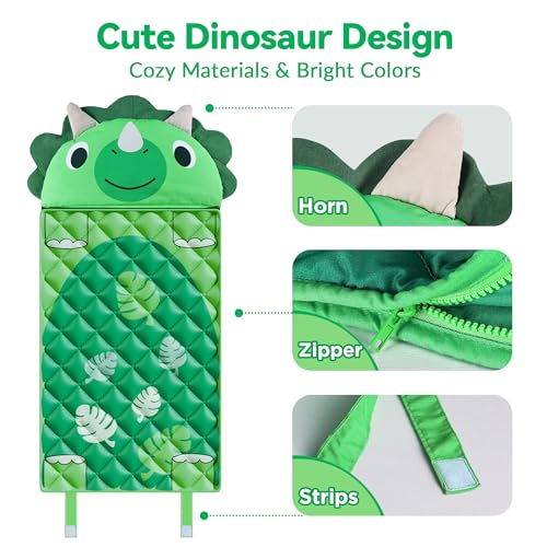 iPlay, iLearn Kid Sleeping Bag, Dinosaur Slumber Sack, Toddler Boy Nap Mat, 2 in 1 Green Dinos Cushion Blanket, Happy Trav...