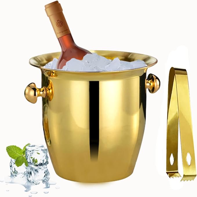 Ice Buckets - Champagne Ice Bucket with Tongs, Golden Trumpet Ice Bucket Stainless Steel Mirror Reflection Wine Cooler for...