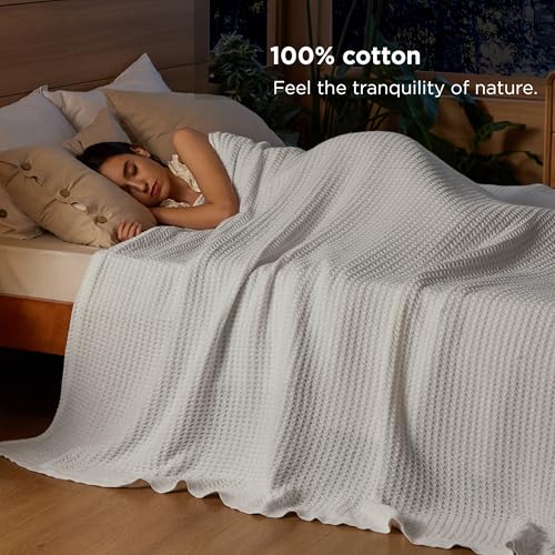 Bedsure Gentlesoft 100% Cotton Blanket Queen Size for Bed - Breathable and Soft for Spring Summer, Thick Cozy Waffle Weave...