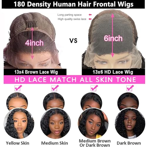 Water Wave Lace Front Wigs Human Hair Pre Plucked 13x6 HD Lace Frontal Wigs 200% Density Brazilian Virgin Human Hair Wigs for Black Women Natural Color