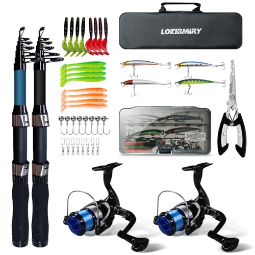 LOEIBMIRY 2 Pack 2.1m/6.89ft Telescopic Spinning Fishing Rod Reel Combos with Carrier Bag, Lures, Pliers for Saltwater Fre...