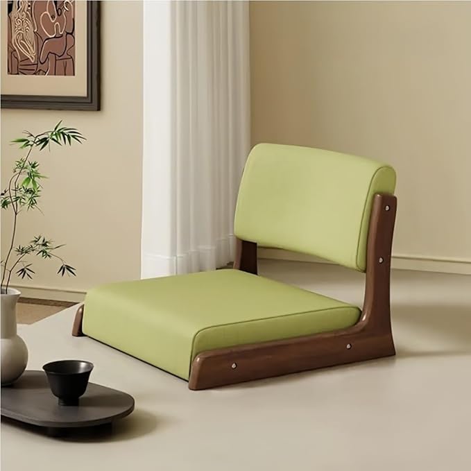 Japanese Style Legless Floor Chair with Back Support, Wooden Tatami Meditation Chair with Cushion, Low Sofa Floor Seat for Living Room, Bedroom, Bay Window(Linen 1)