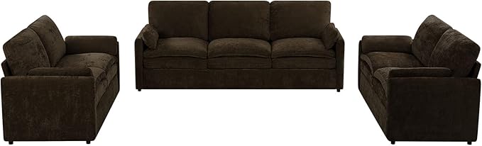 ACMEASE 3 Pieces Chenille Sofa Set w/Arm Pillows, Upholstered 2 Pieces Loveseat & 3 Seater Sofa w/Comfortable Back Cushions, Modern 2-Seat & 3-Seat w/High-Density Foam for Living Room, Brown