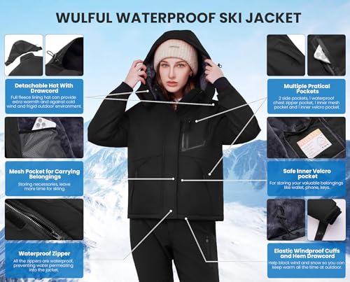 WULFUL Women's Waterproof Ski Jacket Warm Winter Coats Windproof Winter Jackets for Women Fleece Lined Windbreaker with Hood