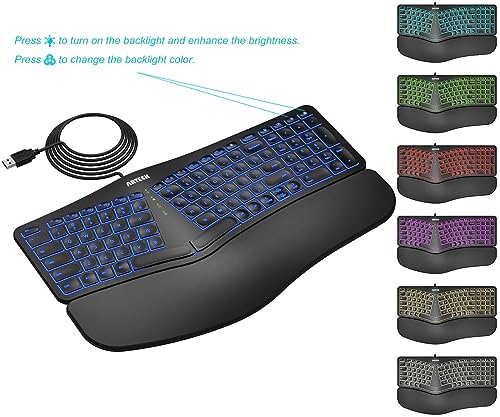 Arteck Ergonomic USB Wired Keyboard with Cushioned Wrist & Palm Rest, Backlit 7 Colors & Adjustable Brightness Comfortable...