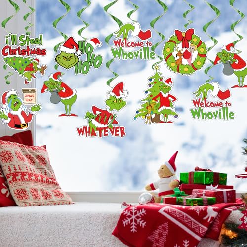 Adurself Christmas Party Decorations - 38Pcs Red Green Hanging Swirls Foil Swirl Ceiling Hanging Decorations Merry Christm...