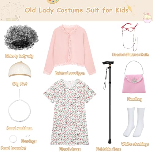 WooHand Old Lady Costume for Kids 100 Day of School Costume for Girls 100th Day of School Dress Up Grandma Wig Cane Outfit