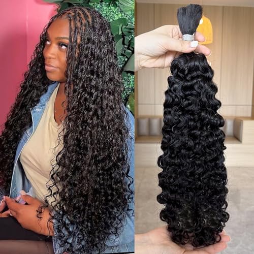 Lemoda Boho Human Braiding Hair Burmese Curly Bulk Human Hair Extensions For Bohemian Knotless Braids No Weft 26Inch 1Bundle/Lot 100g/1Bundle 1B Natural Black Salon-Quality