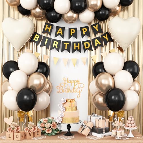 Black Gold Birthday Decorations,Party Decorations with Sand White Champagne Gold Balloon Heart Balloons Happy Birthday Ban...