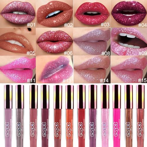 evpct 1Pcs Taupe Mauve Glitter Metallic Shimmer Diamond Lipstick Lip Gloss Stain Set for Women Long Lasting Waterproof, Ma...