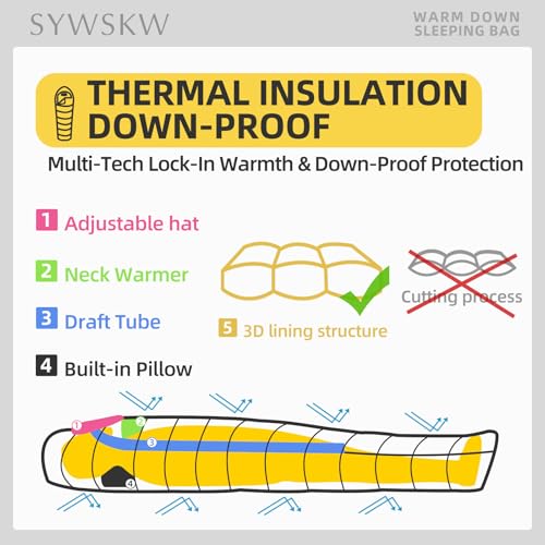 SYWSKW Down Sleeping Bag with Pillow, Ultralight Rectangular Sleeping Bag for Adults, Youth Backpacking,Hiking and Camping...