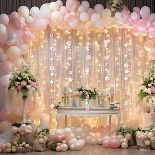 Gilprop 2 Panels White Tulle Backdrop Curtain with Lights String & 5 Pcs Artificial Hanging Flowers Garland 10×8ft Sheer B...
