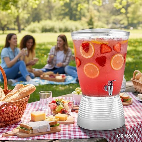 Drink Dispenser for Parties (2.5 Gallon) Large Plastic Water Dispenser for Counter Tops, No Mess, Easy to Assemble & Wash,...