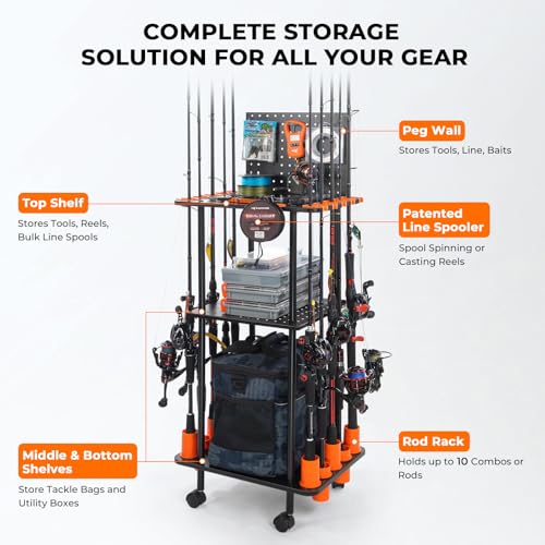 KastKing V10 Gear Trolley, Indoor Fishing Rod Holder for 10 Combos, 3-Tier Fishing Accessory Shelves With Peg Wall, Patent...