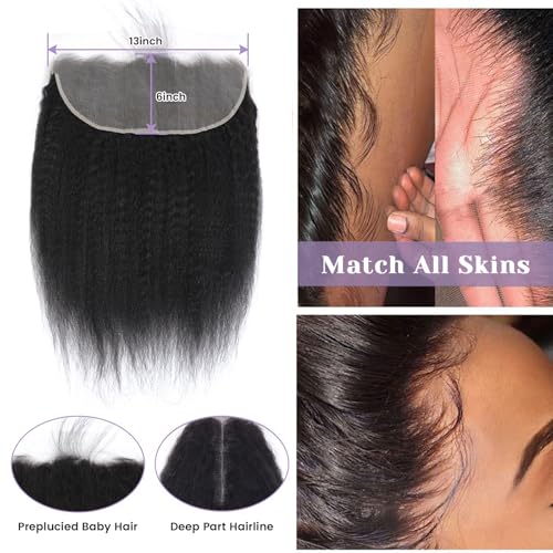 Kinky Straight Frontal 13x6 Frontal Human Hair Transparent HD Lace Frontal Yaki Straight Frontal Closure 100% Human Hair Ear to Ear Lace Frontal Natural Black Color 18 Inch 150% Density