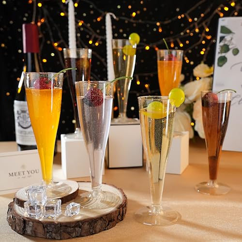 Bestluck 25 Pack Champagne Flutes Plastic, 4.5 oz Gold Glitter Plastic Disposable Stemware, Disposable Champagne Flutes fo...