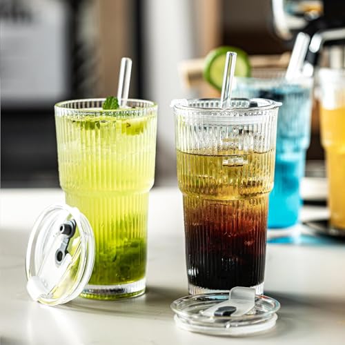 Snextek 20oz Ribbed Glass Tumblers with Lids and Glass Straws -4-Piece Set, Thickened for Iced Coffee, Smoothies,Cocktails...