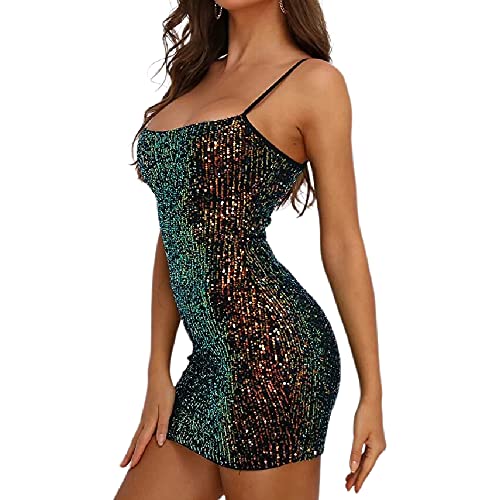 CLAUBTY Sparkle Sequin Mini Dress for Women Vegas Club Dresses Sexy Party Night Spaghetti Strap Backless