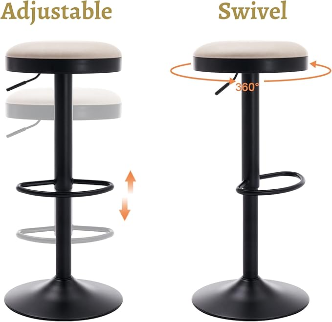EALSON Modern Swivel Bar Stools Set of 2 Adjustable Counter Height Backless Barstools with Metal Base Leather Upholstered Round Bar Stool Chairs for Kitchen Island/Pub/Breakfast Bar, Beige