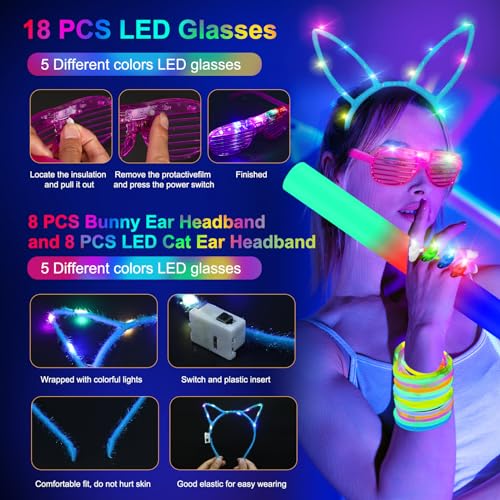 OLUPP 282 PCS Glow in the Dark Party Supplies, 18 Foam Sticks, 18 LED Glasses, 200 Glow Sticks, 30 Finger Lights, 8 Bunny ...