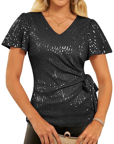 GRACE KARIN Womens Sequin Tops 2025 Ruffle Sleeve Sparkly Shirt, Glitter Party Blouses Dressy Concert Disco Outfits