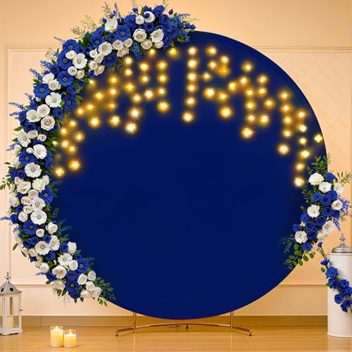 7.2 FT Navy Blue Round Backdrop Cover with Lights String for Circle Arch Stand Circle Backdrop Covers with LED Fairy Light...