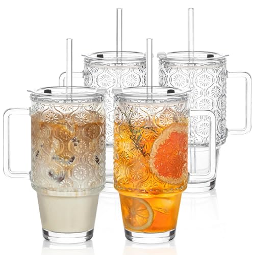KEMORELA 4-Pack 24 Oz Glass Tumblers with Straws and Lids, Iced Coffee Cups with Begonia Floral Pattern, Smoothie Cups wit...