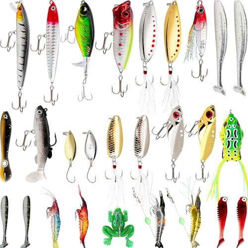 Funzhan 27Pcs Fishing Lures Kit Diving Bass/Trout/Pike Hard and Soft Lures Gift for Fishermen Freshwater or Saltwater Fish...