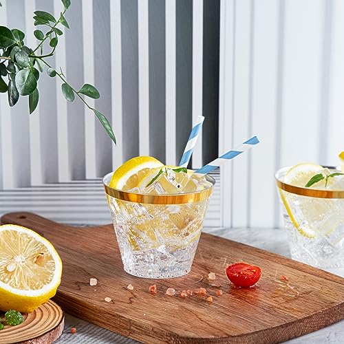 Nervure 120PCS Gold Plastic Cups - 9Oz Gold Rimmed Plastic Cups - Heavy Duty Disposable Clear Cup with Gold Rim Perfect fo...