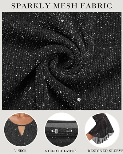VALOLIA Womens Sparkly Tops Dressy Ruffle 3/4 Sleeve Blouses Glitter Cocktail Party Evening Shirts